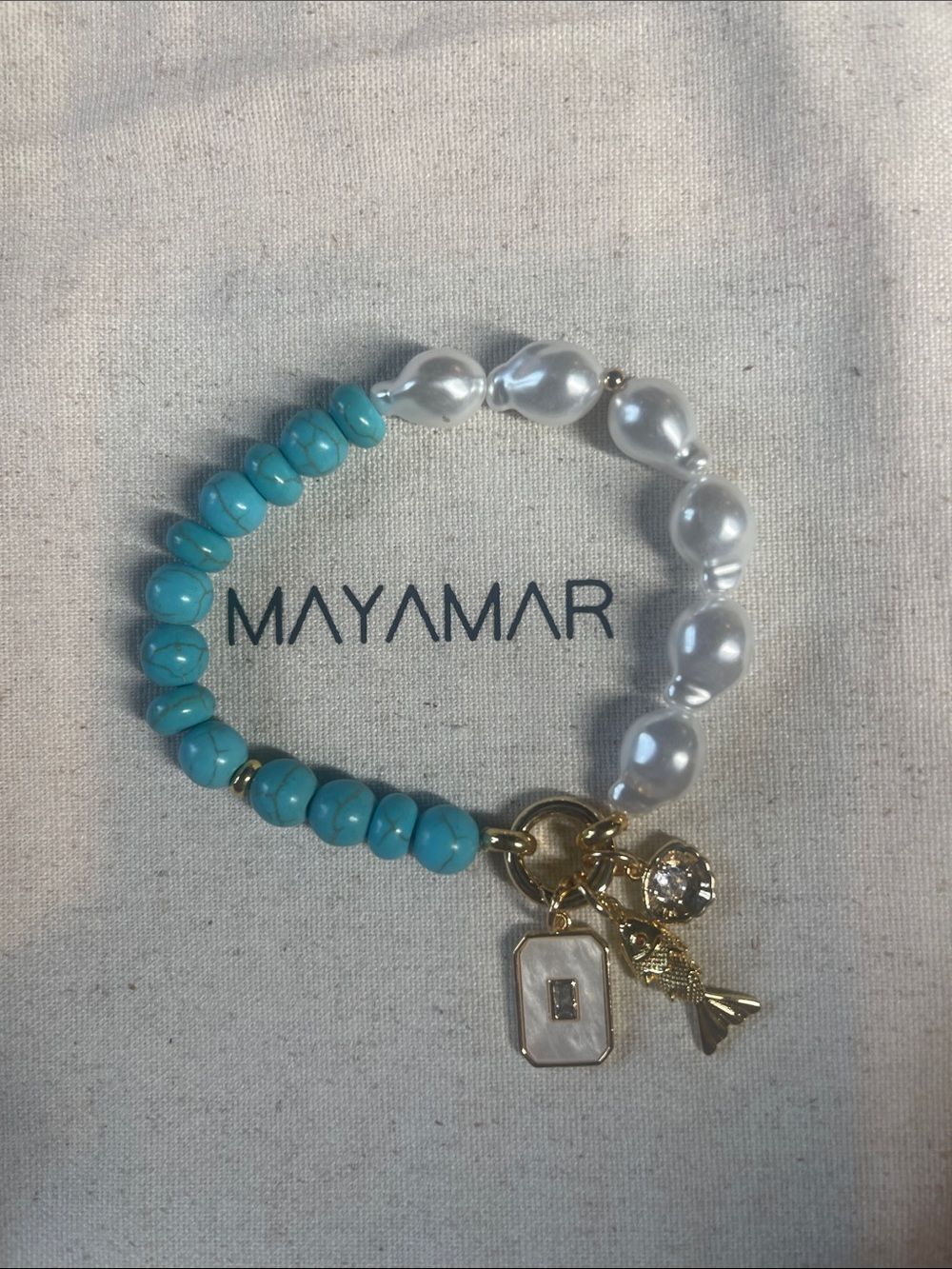 Mayamar Turquoise and Pearl Charm Bracelet with Gold shell, fish and pearl